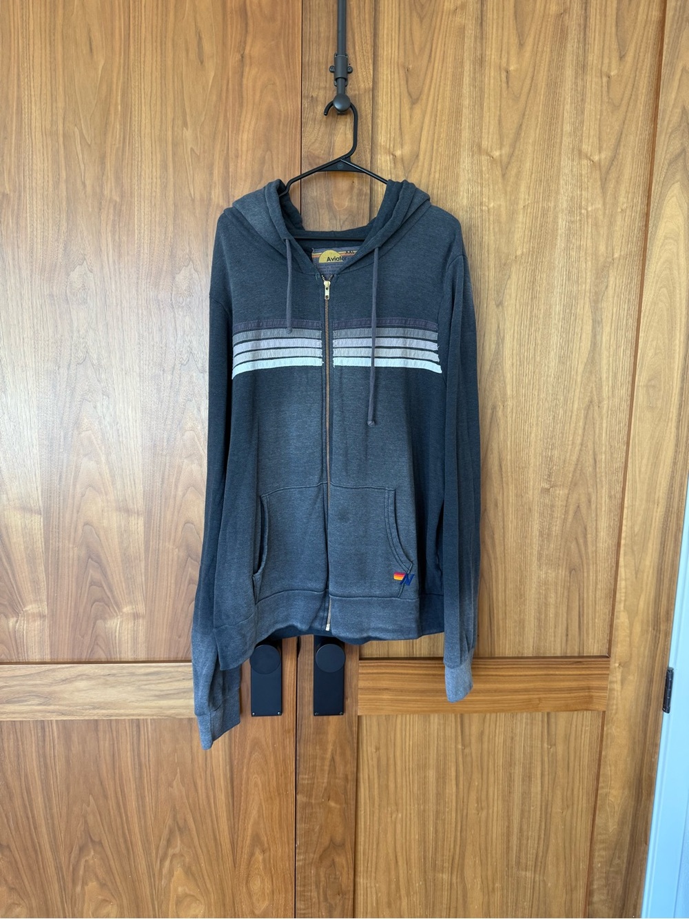 Aviator Nation Men's Charcoal Zip-Up Hoodie with Stripe Detail